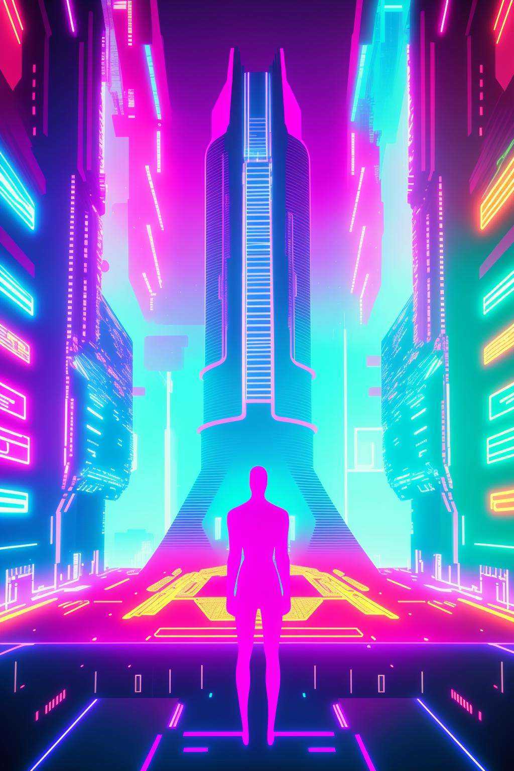 a futuristic city with neon lights and a man standing on top of a building ,  1girl,  solo on Tensor.Art