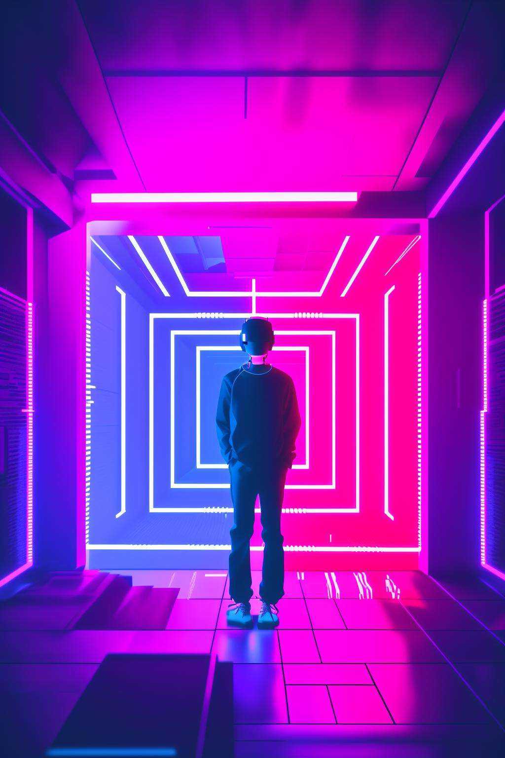 a person standing in a room with neon lights ,  solo,  black hair on Tensor.Art