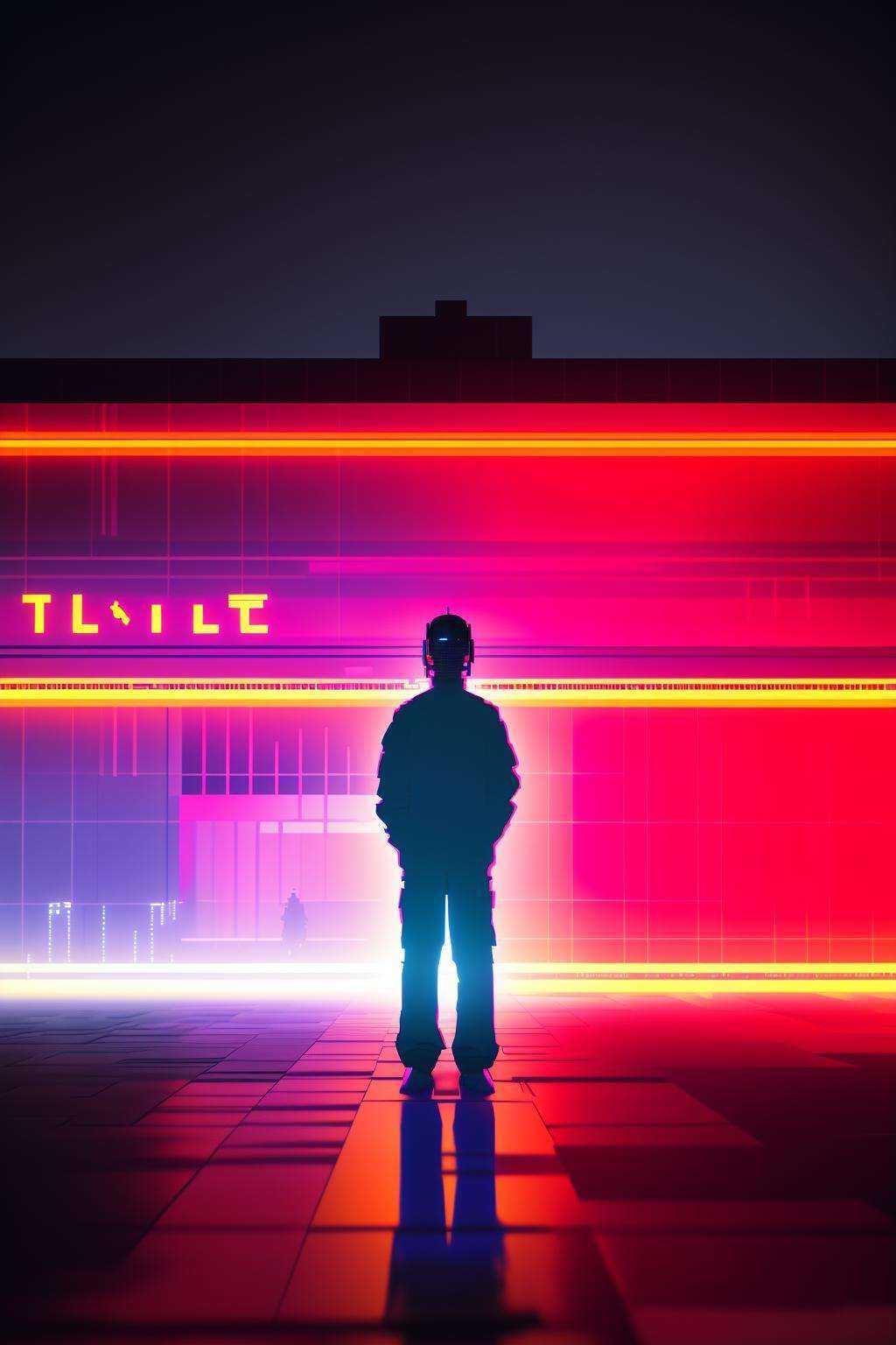 a man standing in front of a neon lit building ,  solo,  1boy on Tensor.Art