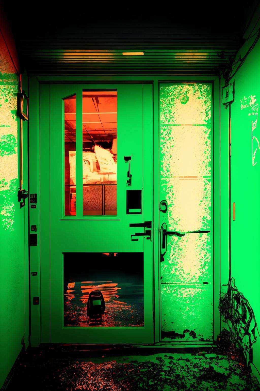 a boat is on fire in the water ,  a building with a neon green door and a window on Tensor.Art