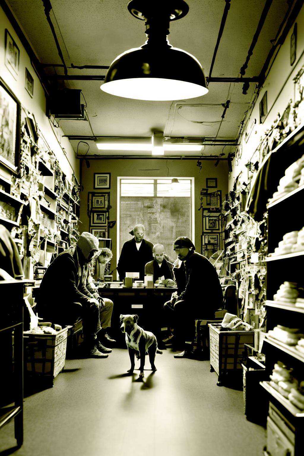 a group of people sitting around a table in a room ,  a man walking a dog in front of a store on Tensor.Art