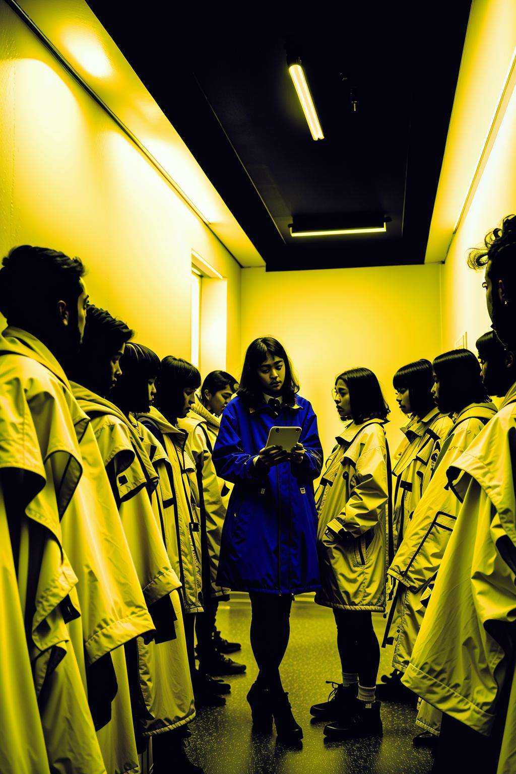 a man in a yellow raincoat standing in a group of birds ,  a woman talking on a phone in a room on Tensor.Art