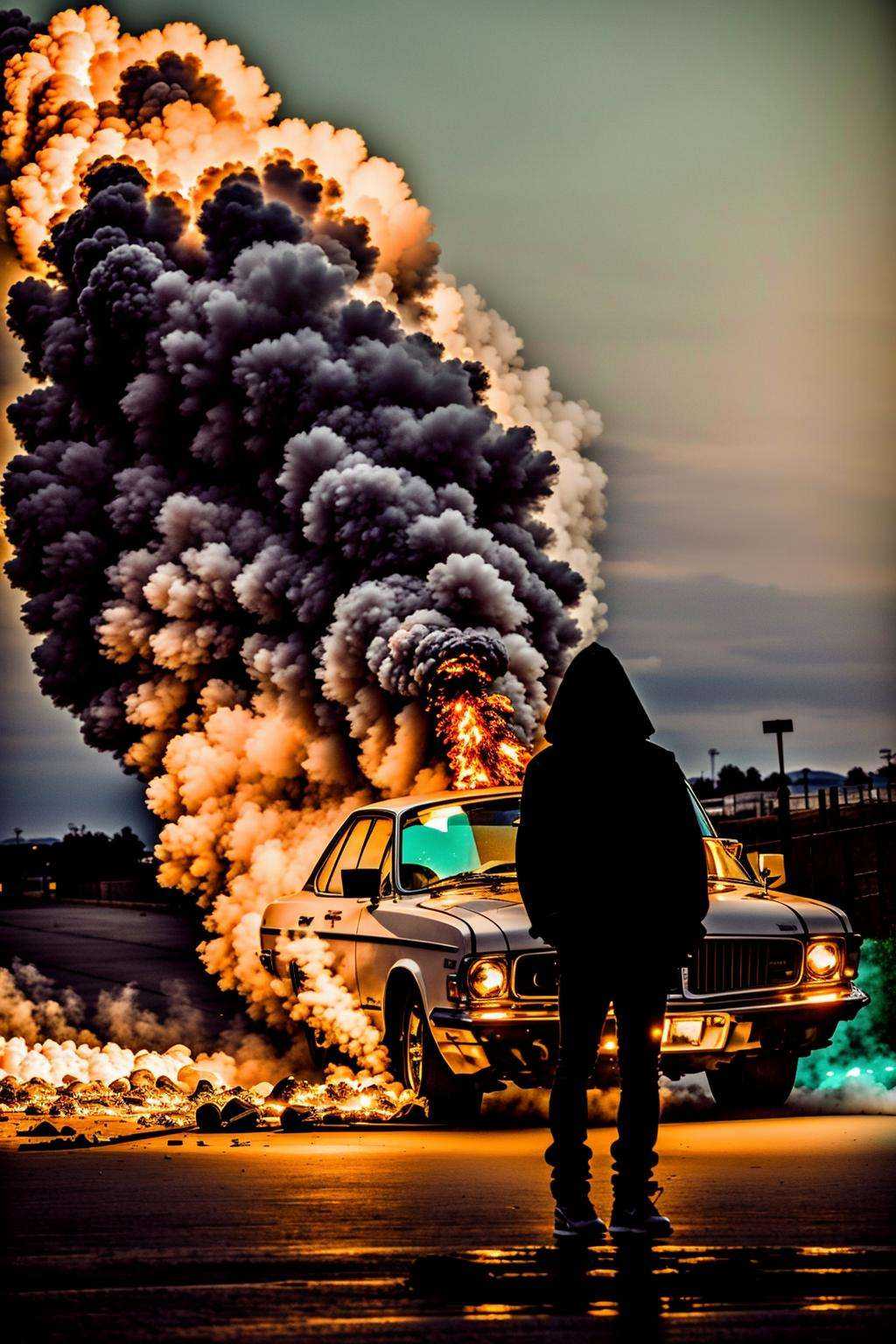 a man standing in front of a fire with a car in the background on Tensor.Art