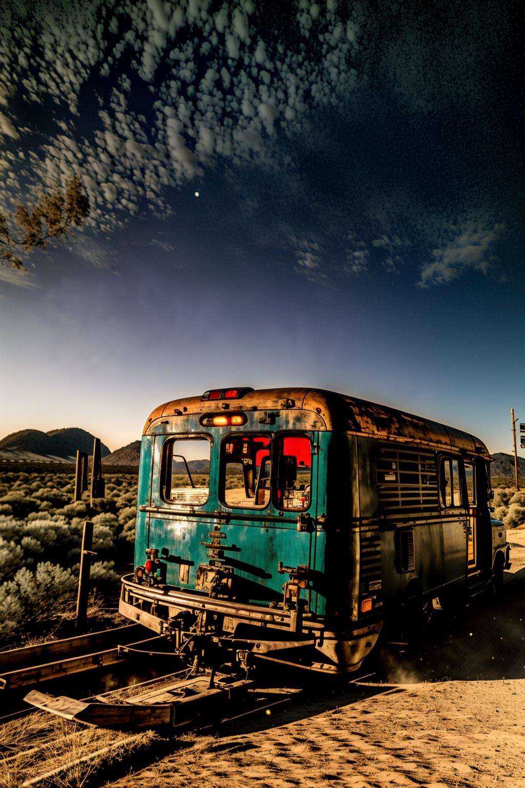 a rusty green trailer in the middle of a desert ,  outdoors,  sky on Tensor.Art