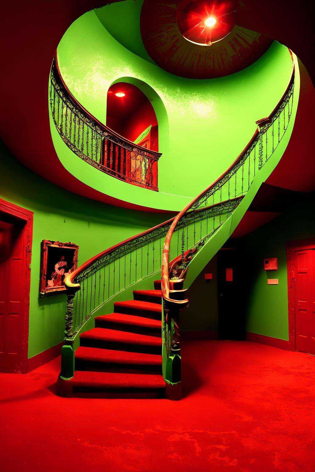 a spiral staircase in a green room with a red carpet ,  a red light shines on a house in the country on Tensor.Art
