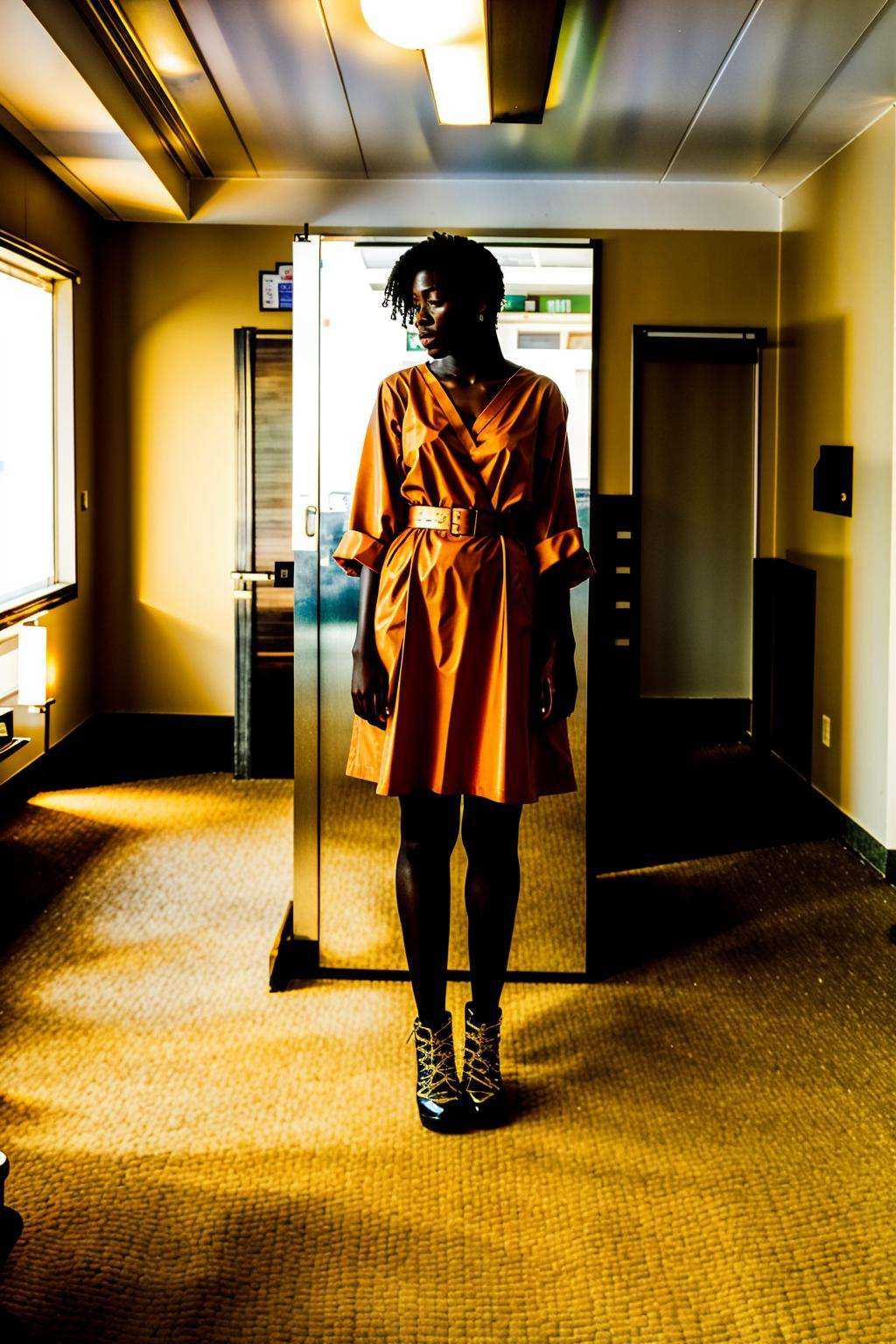a woman in an orange dress is standing in a room on Tensor.Art