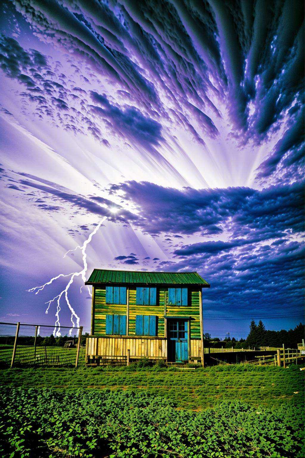 a building with a blue door and a lightning bolt in the background ,  outdoors,  sky on Tensor.Art