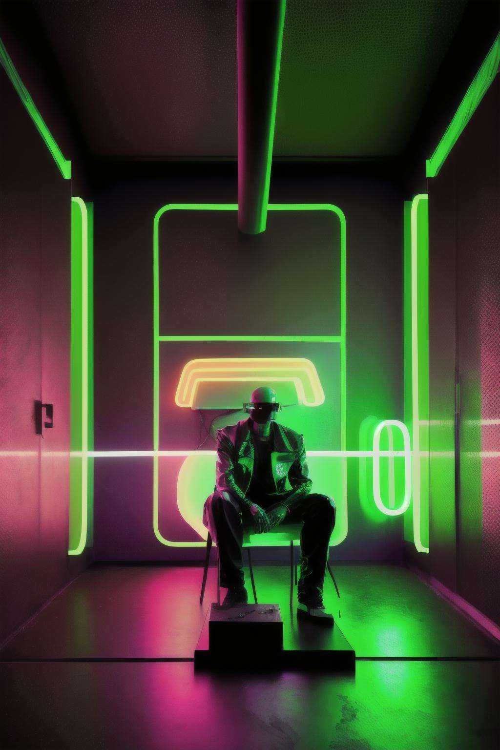 a man sitting in front of a building with neon lights on it's side walk,  Christian W. Staudinger,  cyberpunk style on Ten...