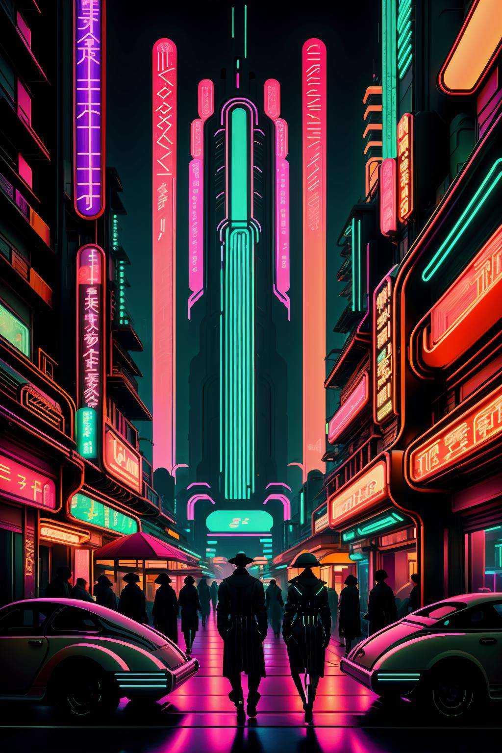 a futuristic city with people walking around and a car parked in the street at night time,  with neon lights,  Beeple on T...