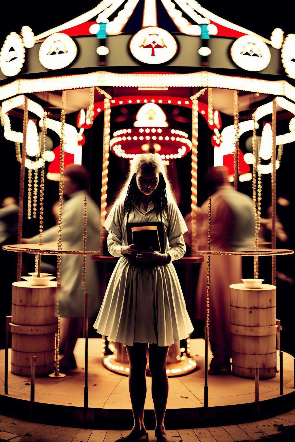 con_art1 Rain-soaked carnival,  faded carousel spinning slowly,  fortune teller predicting a future of paradoxes and chaos...