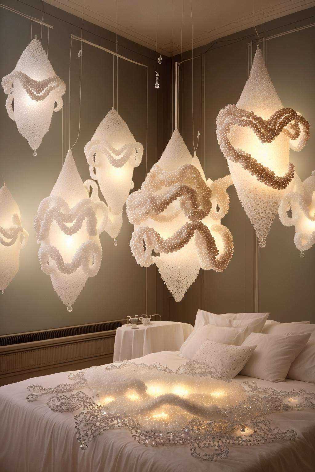 Installation: A room filled with hanging strands of delicate glass beads,  creating an immersive environment of light and...