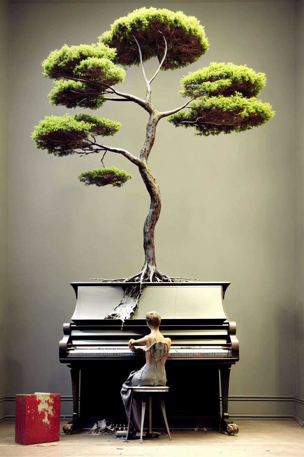 Sculpture: A steel tree growing from a cracked piano,  symbolizing the endurance of art in the face of adversity. ,  con_a...