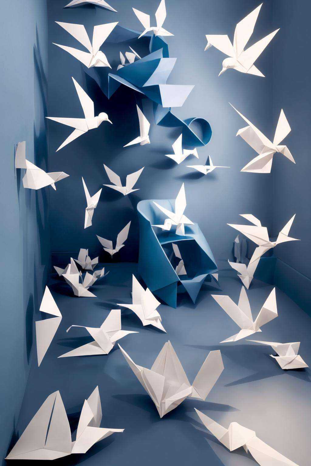 Installation: A room filled with suspended origami birds,  casting intricate shadows that dance across the walls. ,  con_a...