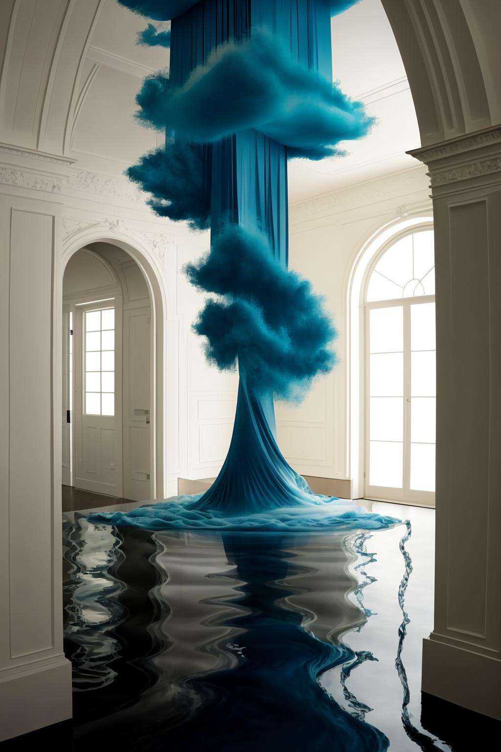 Installation: A room filled with suspended textiles,  billowing and flowing like an ethereal river,  symbolizing the passa...