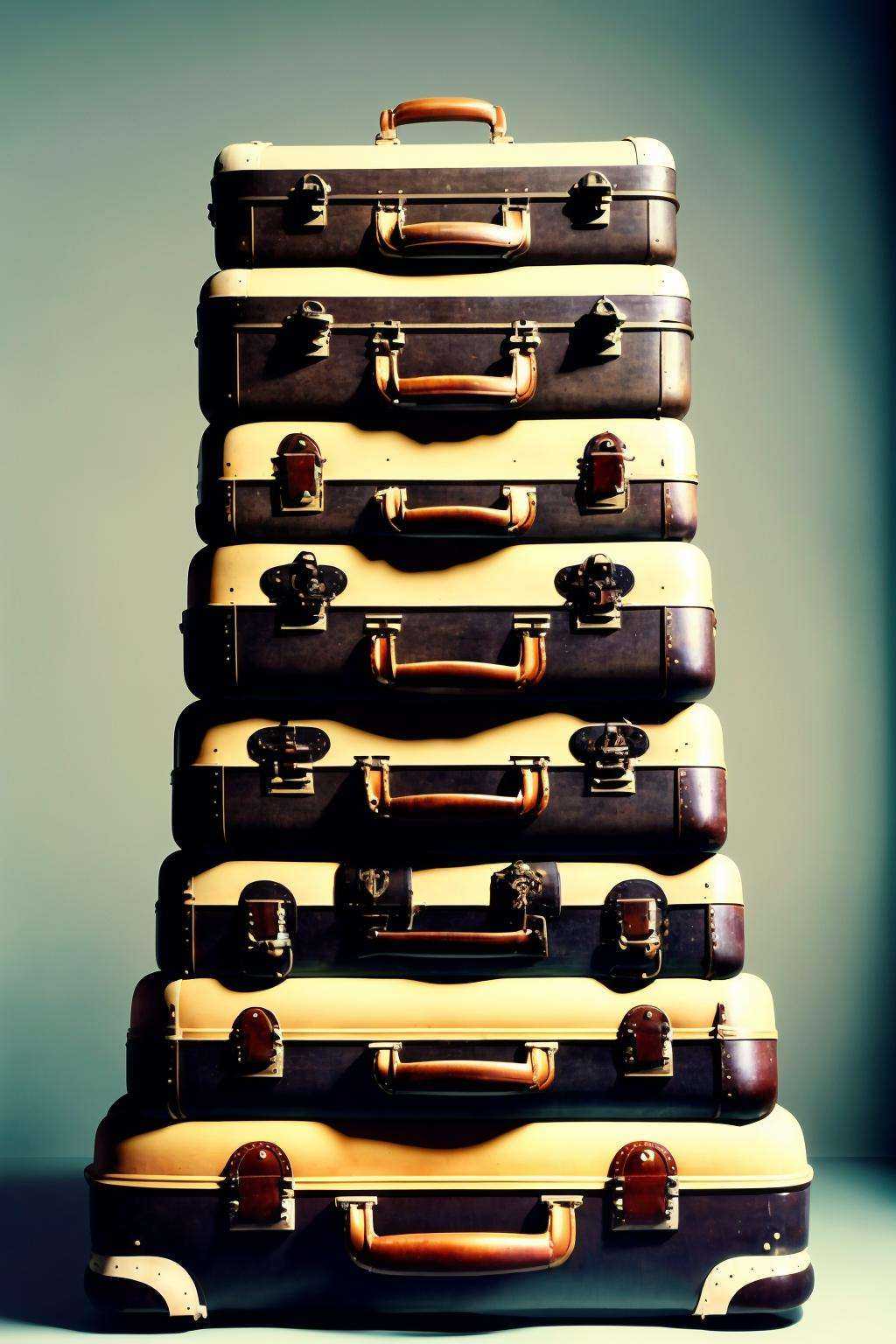 Sculpture: A towering stack of antique suitcases,  each one encapsulating a different chapter of a traveler's life. ,  con...