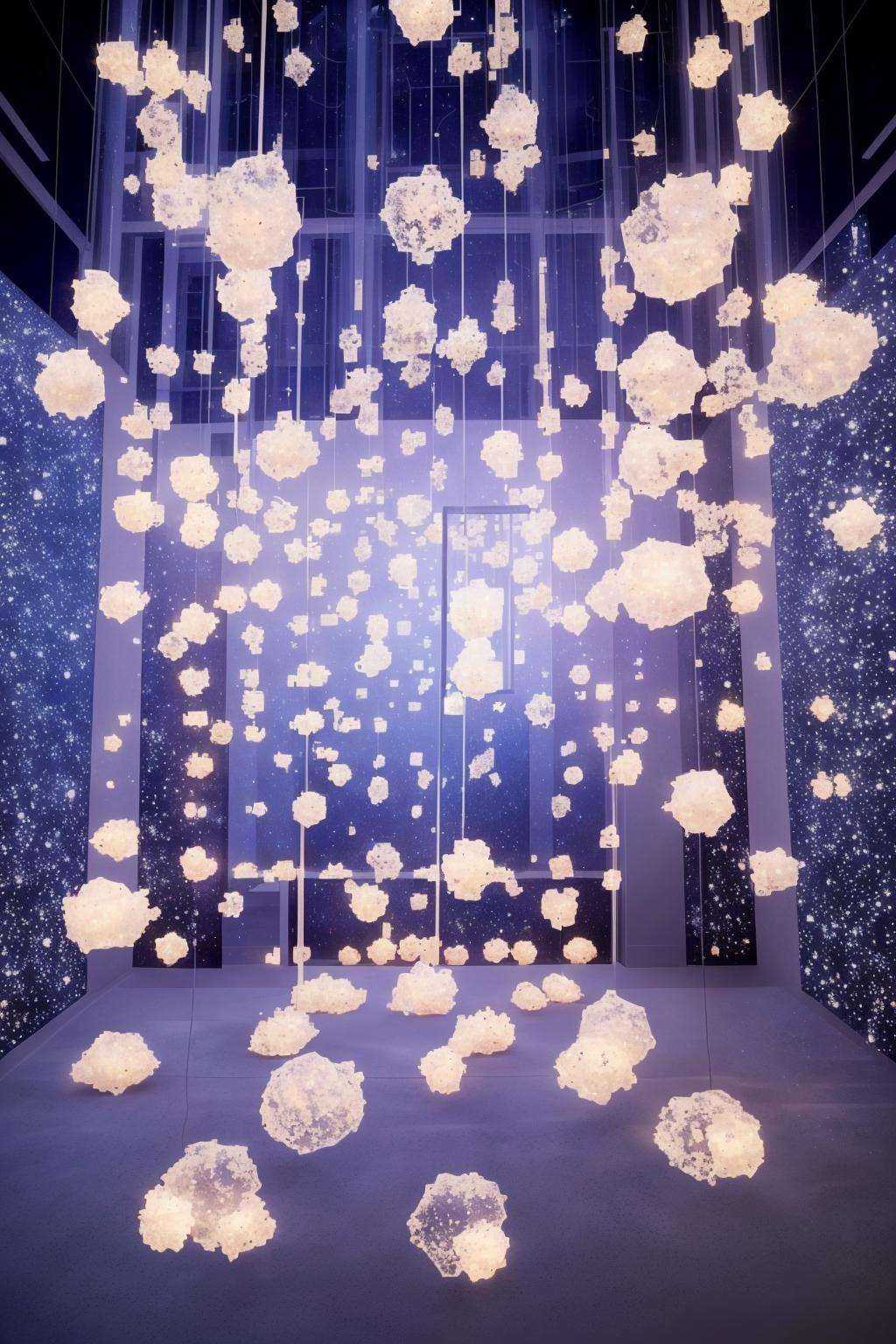 Installation: A room filled with suspended glass orbs,  each containing a softly pulsating light,  creating an ethereal co...