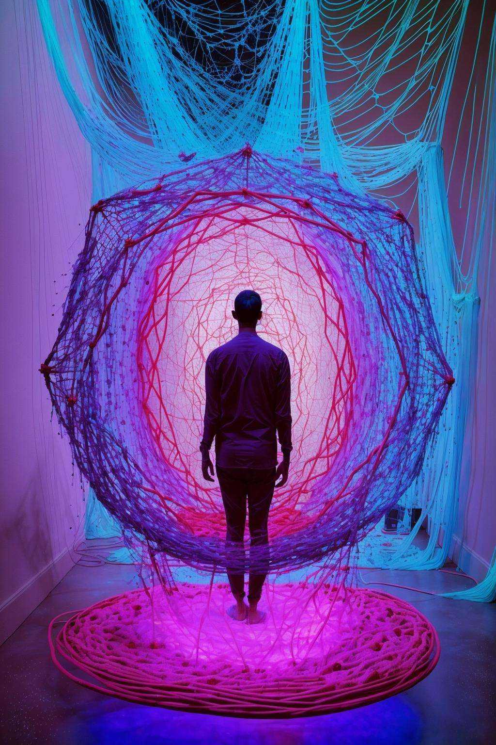 Installation: A massive,  suspended net of woven neon threads,  resembling a cosmic web connecting all living beings. on T...