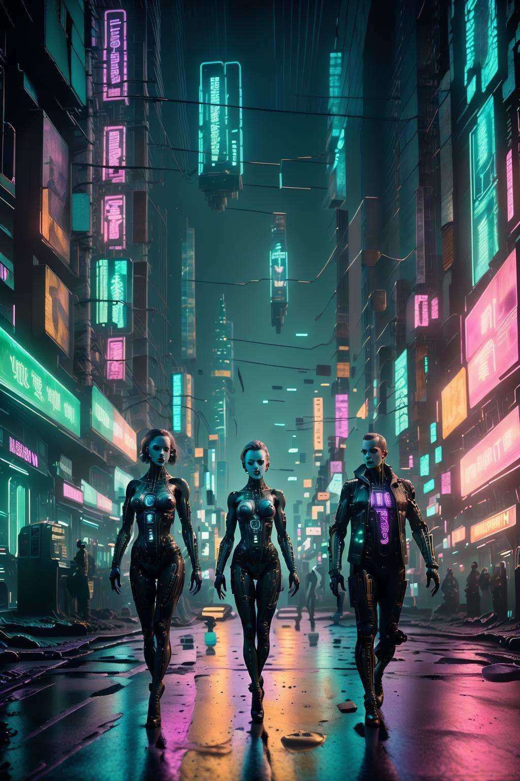 William Gibson's neon-drenched cityscape pulses with digital life,  where hackers and androids dance in a cyberpunk sympho...