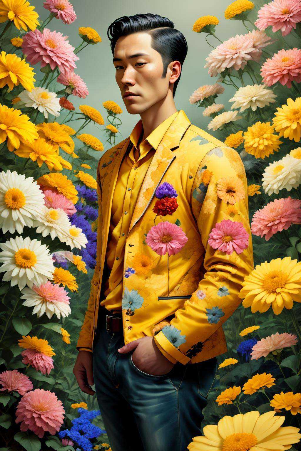 a man in a yellow suit standing in a field of flowers ,  Gardenia_Portraits on Tensor.Art