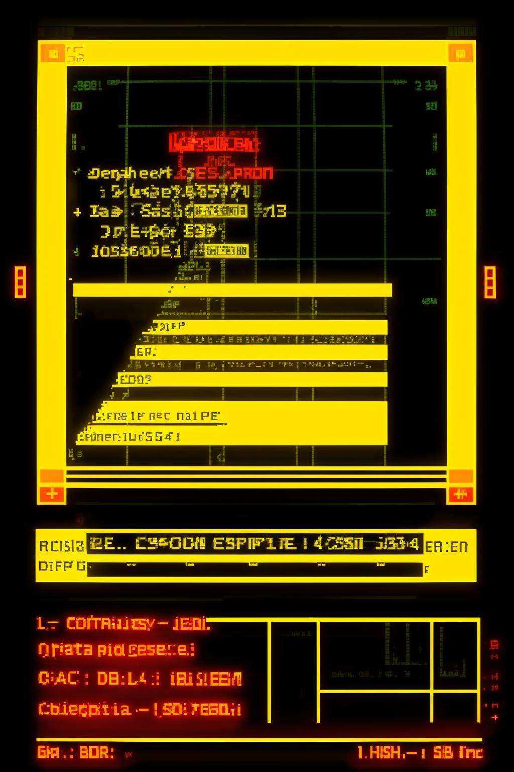 a television screen with a message written on it in a dark room with a black background and a red and yellow pattern,  Bel...