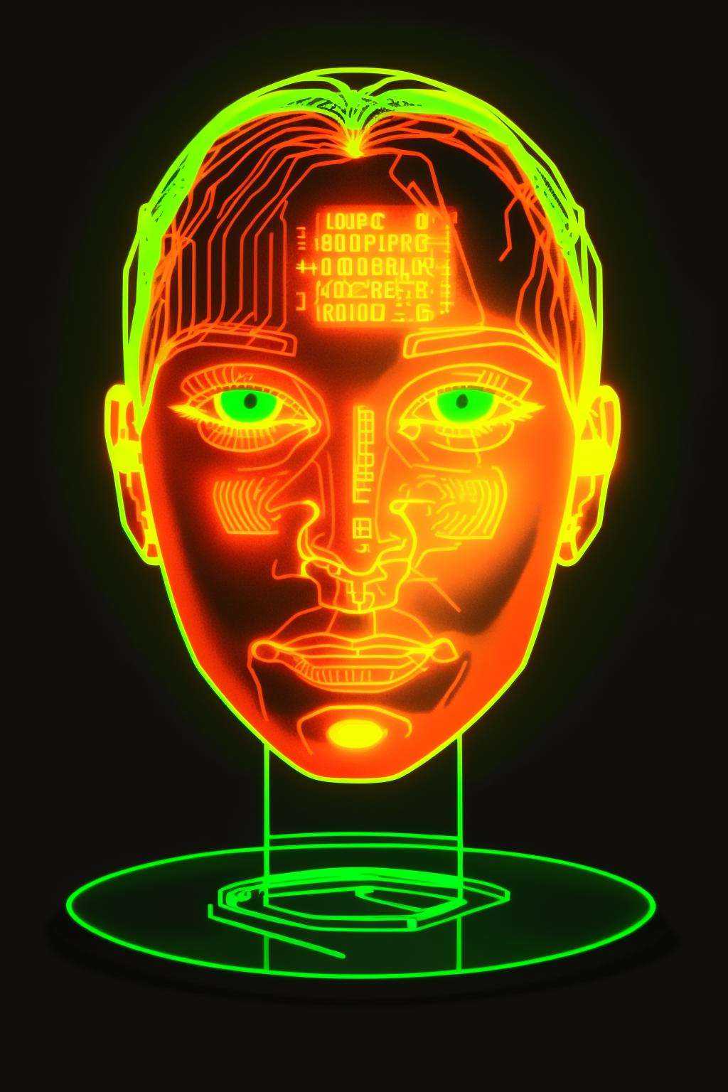 a computer generated image of a face on a plate with a wire mesh design around it and a red and green circle,  Beeple,  vo...