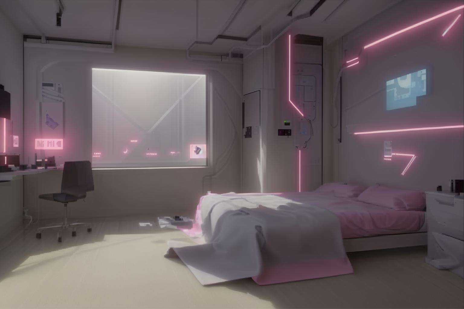 a room with a large window and a bed in it with a shocking-pink sheet on the floor and a slate-grey line on the wall,  Fil...