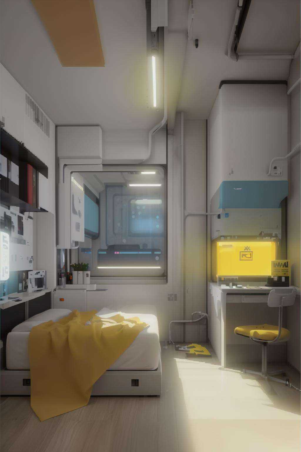 a room with a large window and a bed in it with a white sheet on the floor and a yellow line on the wall,  Filip Hodas,  c...