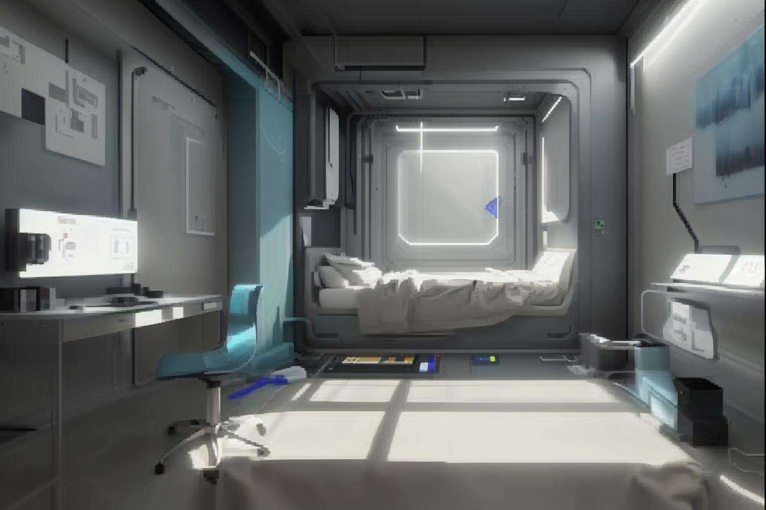 a room with a large window and a bed in it with a steel-blue sheet on the floor and a ochre line on the wall,  Filip Hodas...