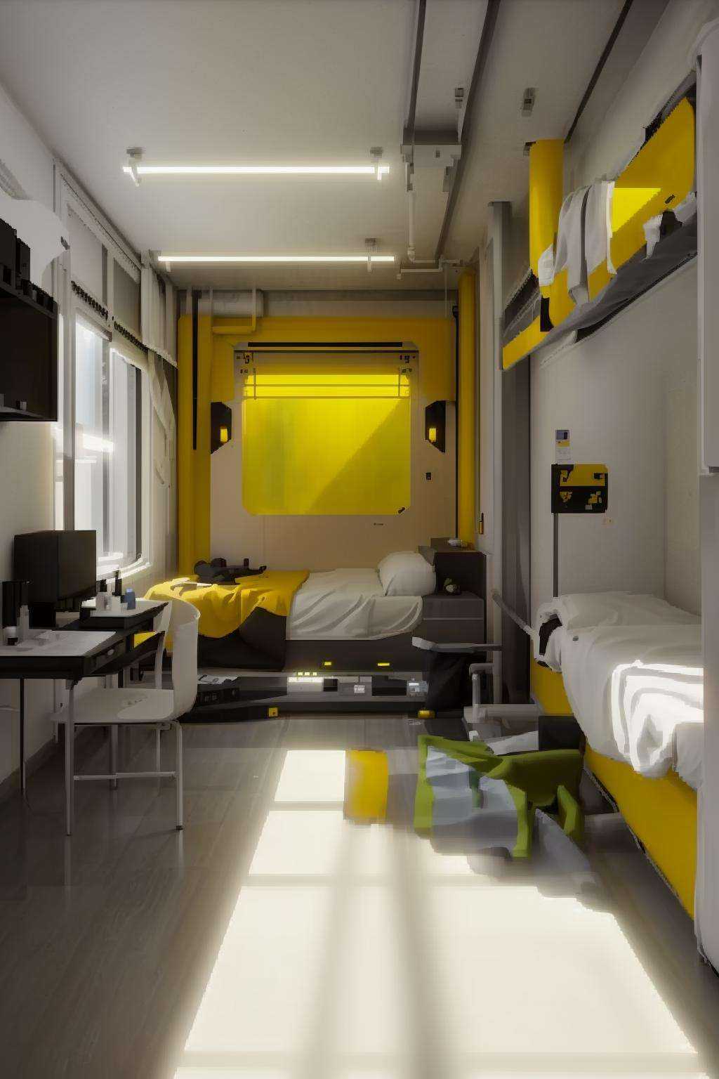 a room with a large window and a bed in it with a white sheet on the floor and a yellow line on the wall,  Filip Hodas,  c...