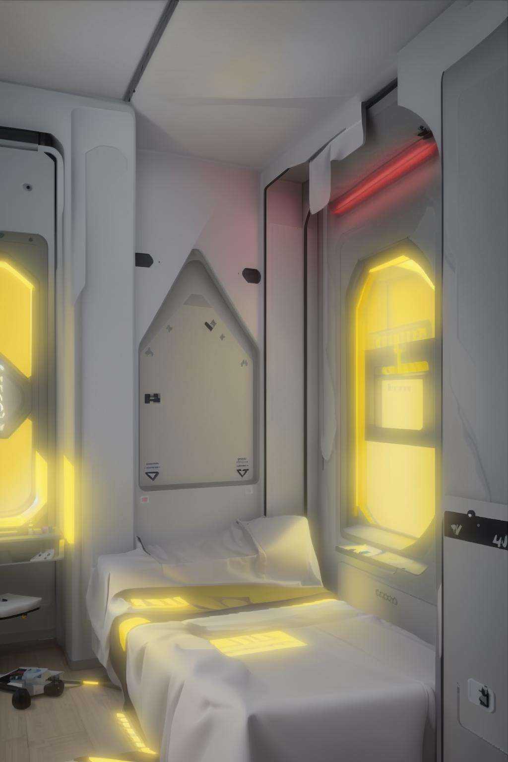 a room with a large window and a bed in it with a white sheet on the floor and a yellow line on the wall,  Filip Hodas,  c...