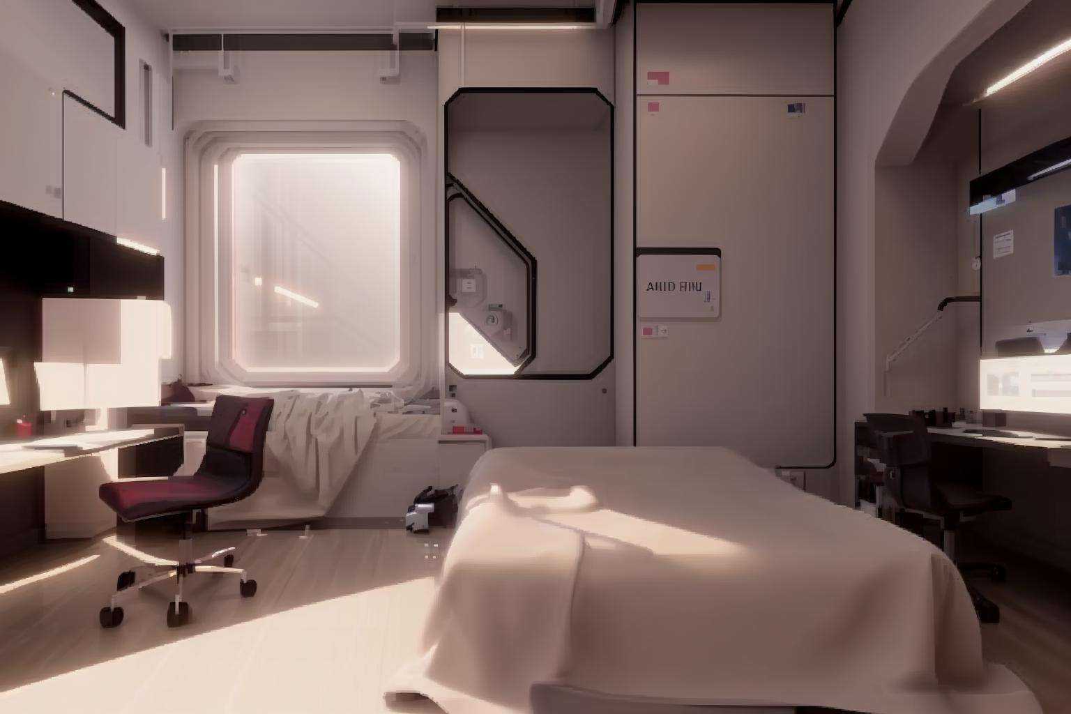 a room with a large window and a bed in it with a burgundy sheet on the floor and a cream line on the wall,  Filip Hodas,...