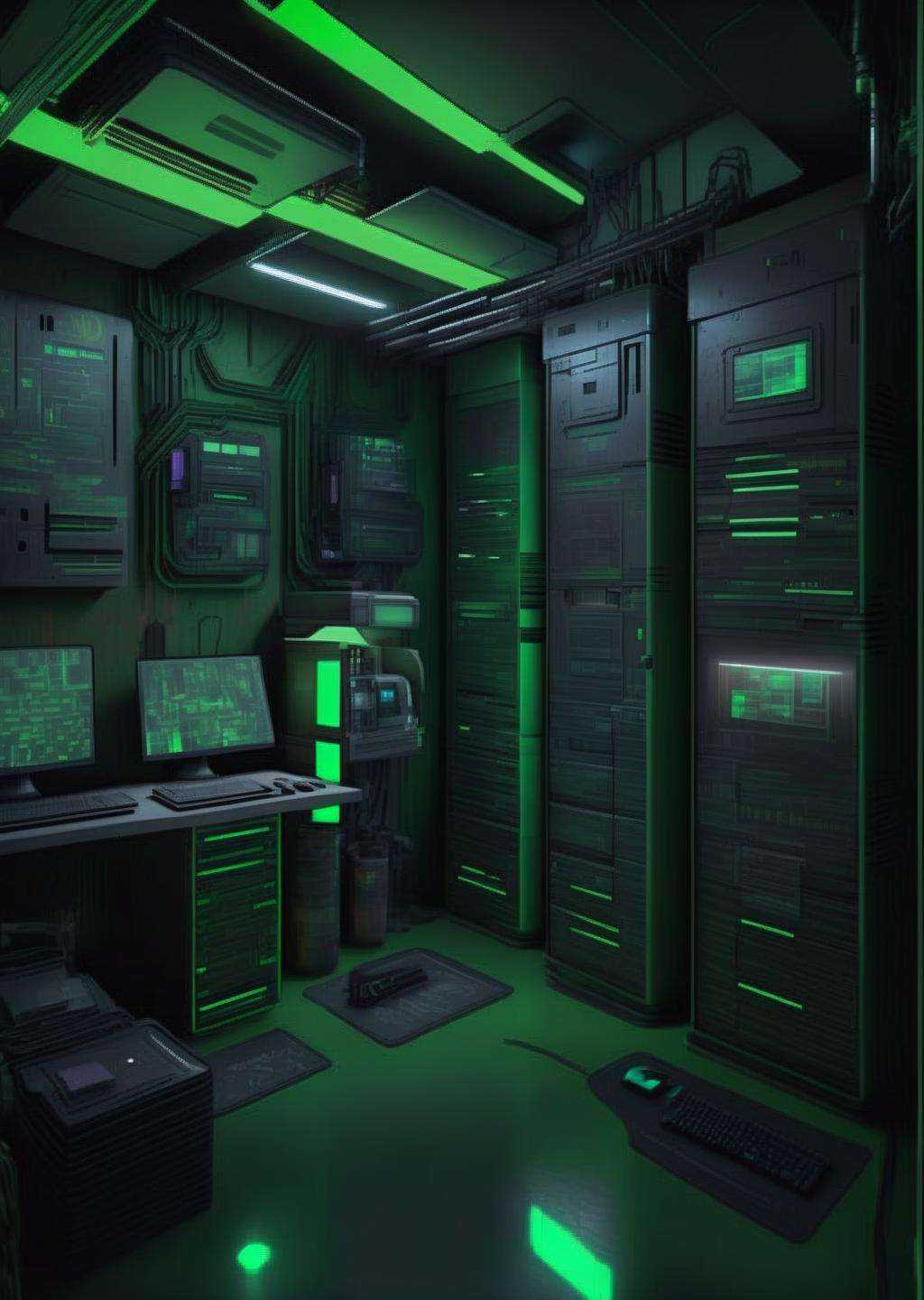 ((magazine photography)) ,  Hacktivist hideaway,  dimly lit basement on Tensor.Art