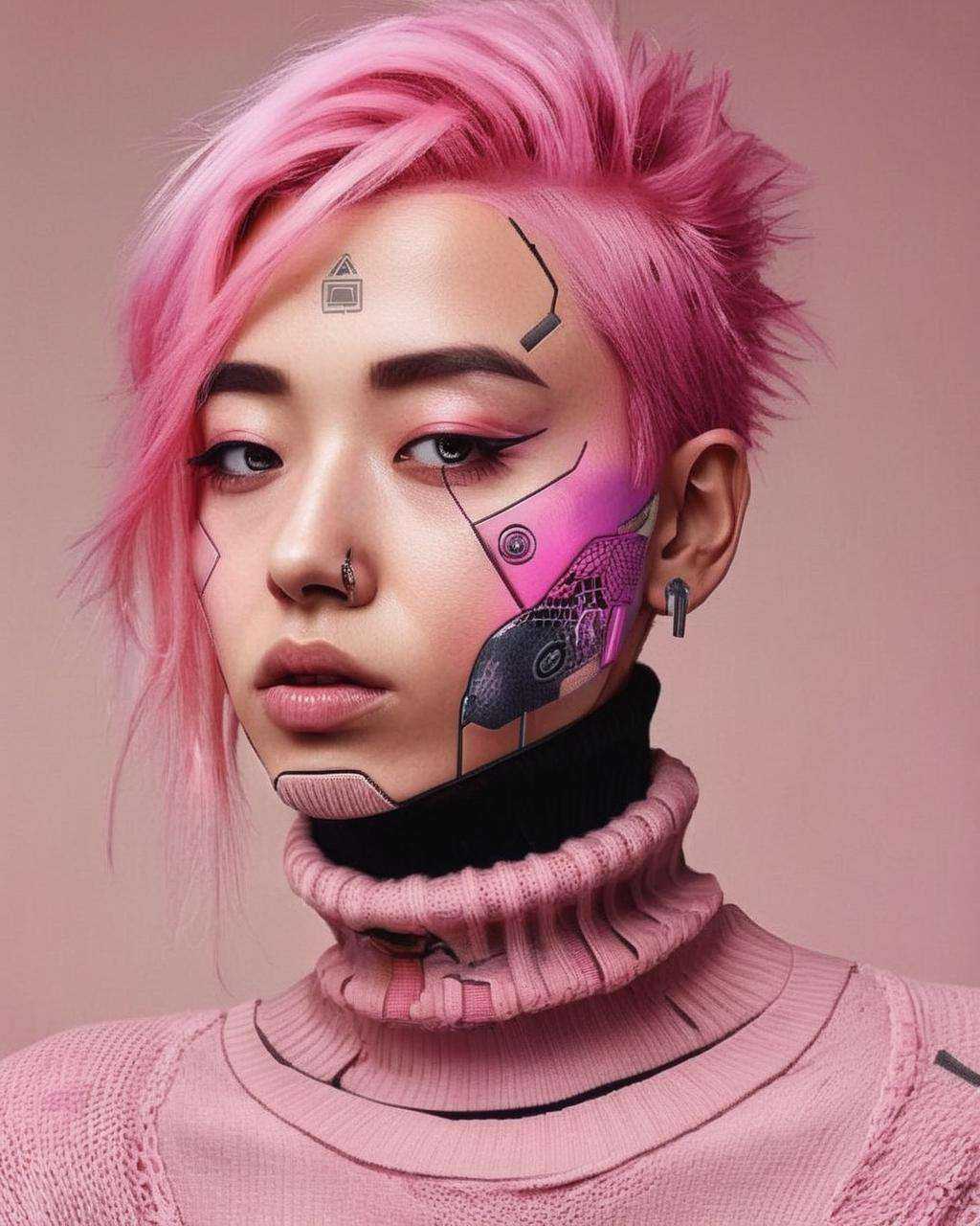 photography ,  a woman with a pink hair and a turtle neck sweater ,  cyberpunk style on Tensor.Art