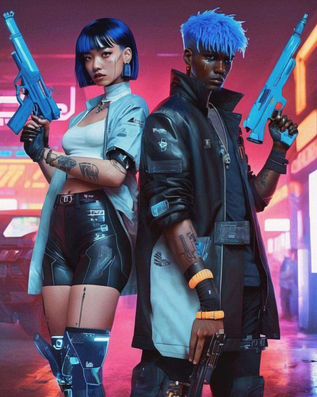 two people in futuristic clothing holding guns ,  1girl,  short hair on Tensor.Art