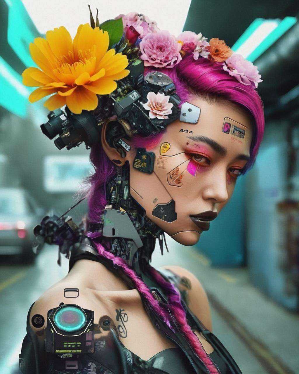 photography ,  a woman with a flower in her hair ,  cyberpunk style on Tensor.Art