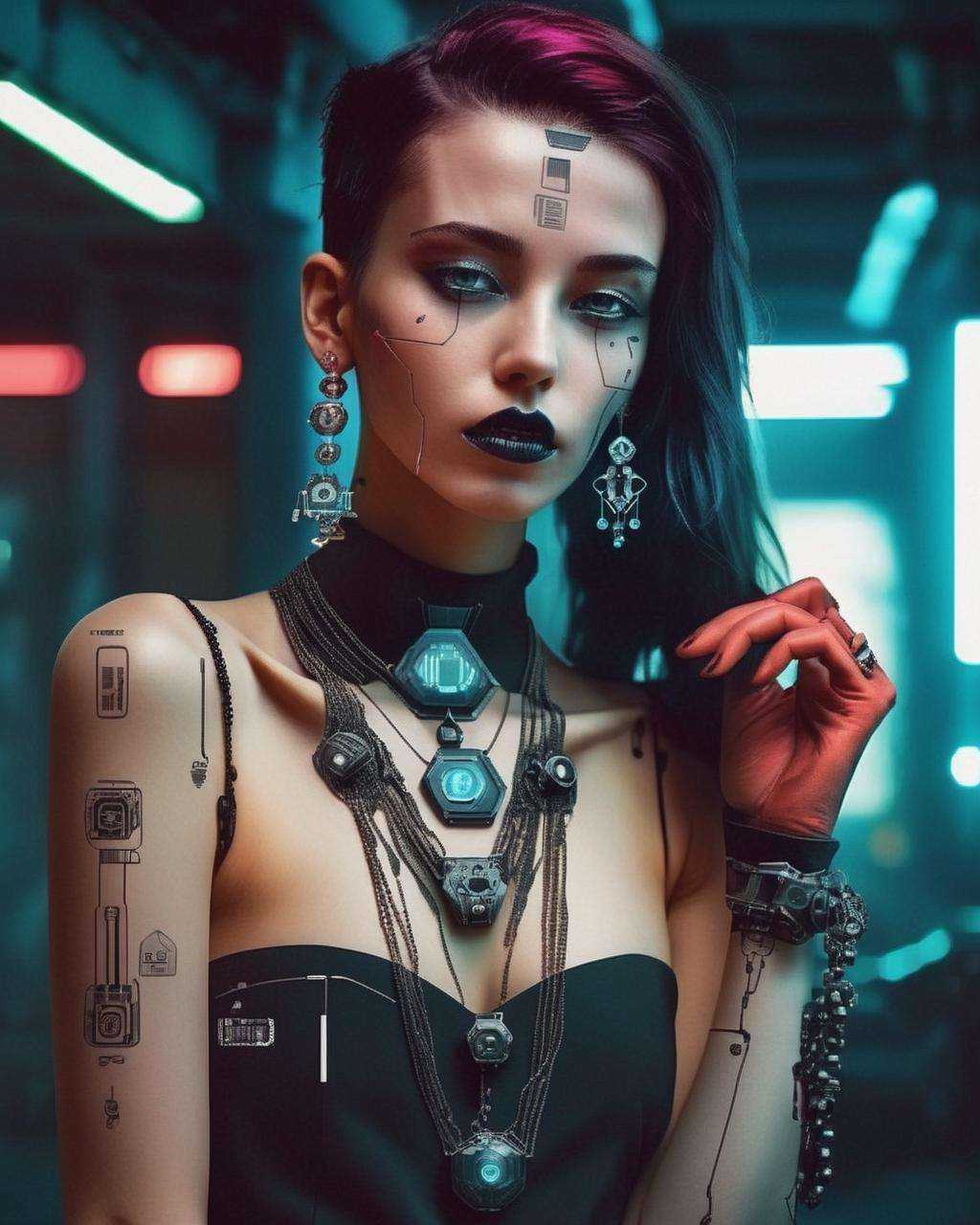 photography ,  a woman in a dress with a necklace and earrings ,  cyberpunk style on Tensor.Art