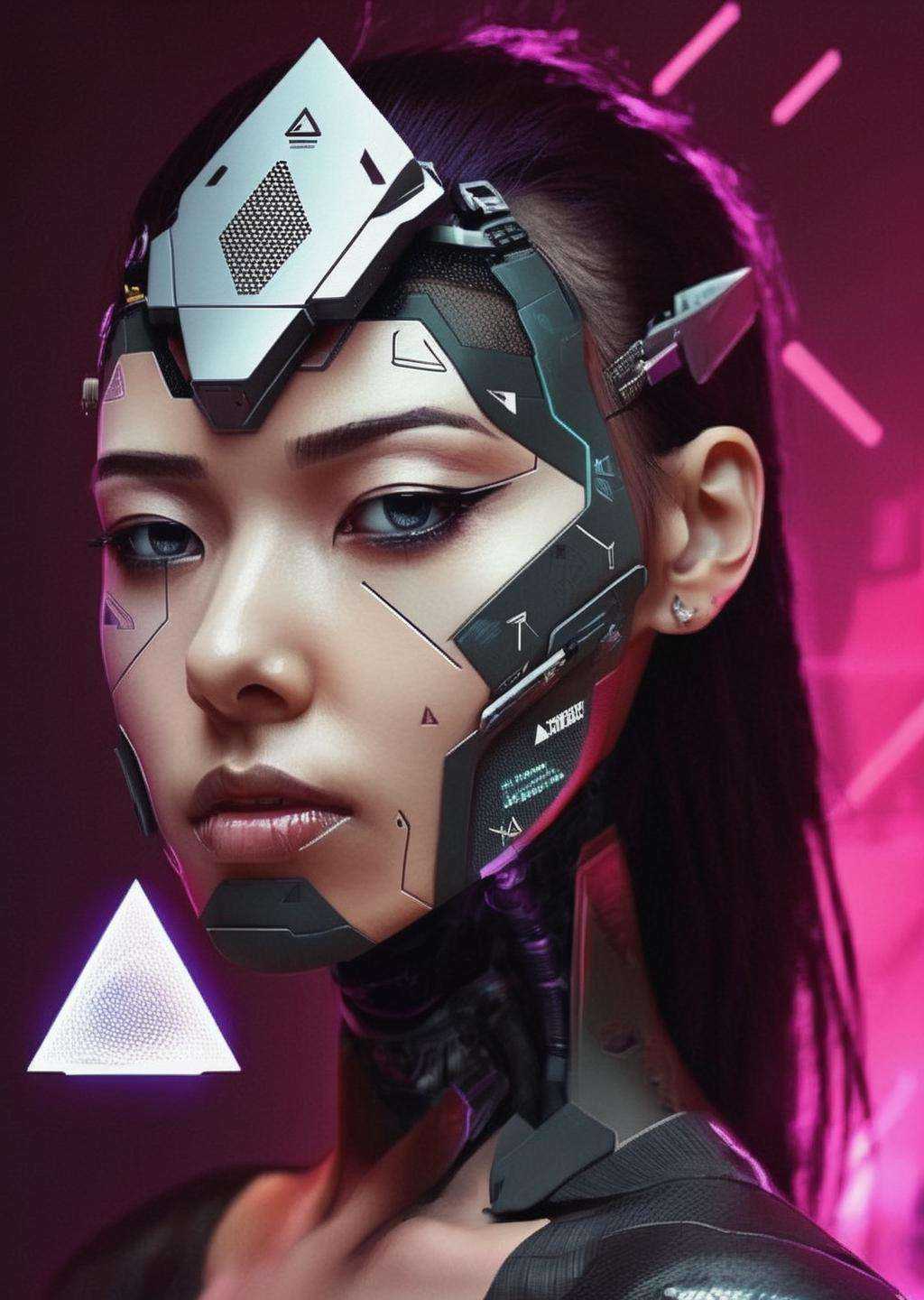 a woman with a futuristic face and a triangle on her head ,  cyberpunk style on Tensor.Art