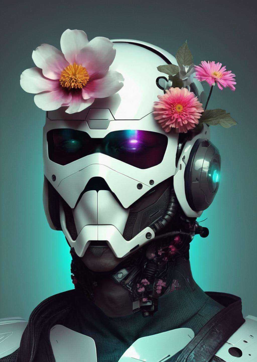 a man with a futuristic helmet and a flower ,  cyberpunk style on Tensor.Art
