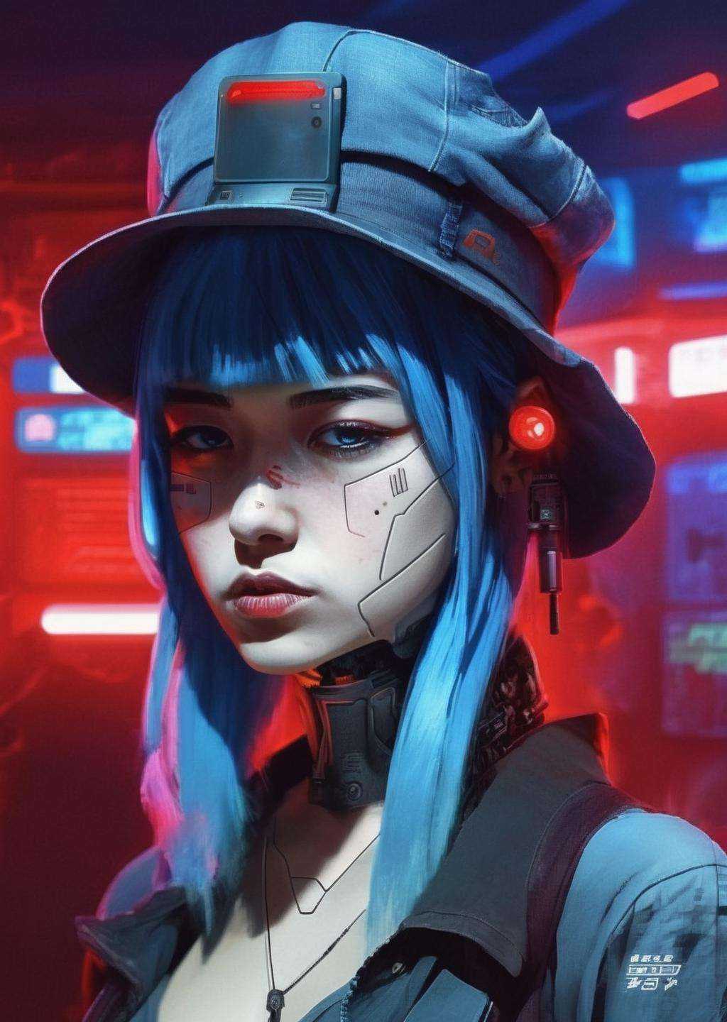 a woman with blue hair and a hat with a red light ,  cyberpunk style on Tensor.Art