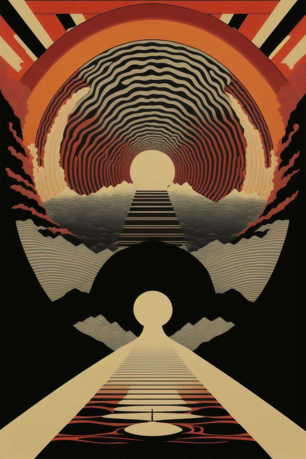 psychedelic_noir ,  a dark tunnel with a light at the end ,  japanese minimalism on Tensor.Art