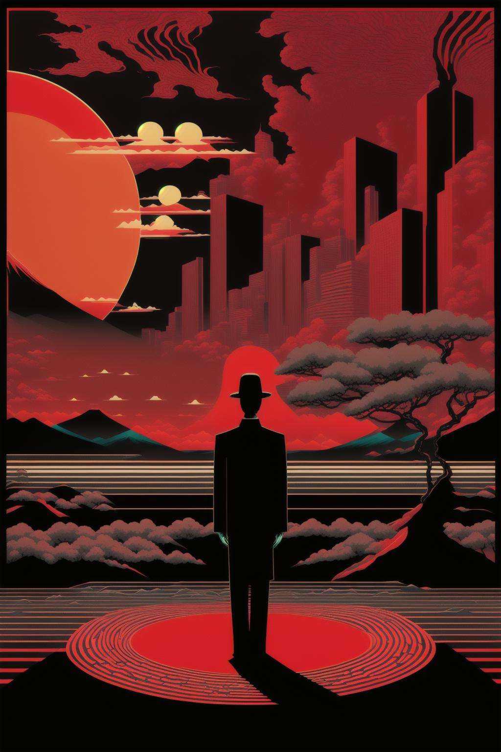 psychedelic_noir ,  a futuristic looking room with red and black lights ,  japanese minimalism on Tensor.Art
