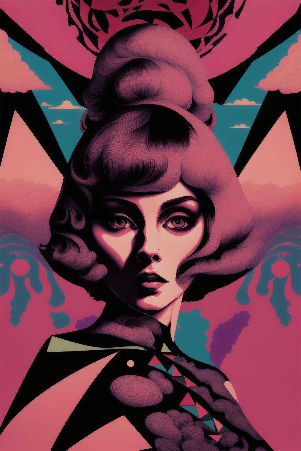 a woman with a black dress and a triangle on her neck and a pink background ,  psychedelic_noir on Tensor.Art