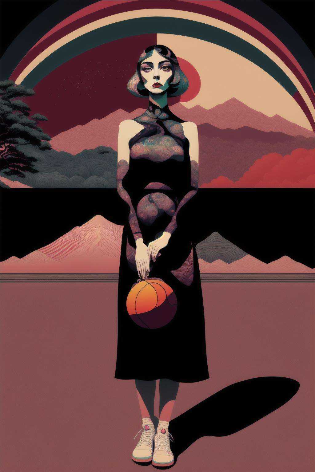 a girl in a long dress standing in front of a mountain with a basketball ball ,  psychedelic_noir on Tensor.Art
