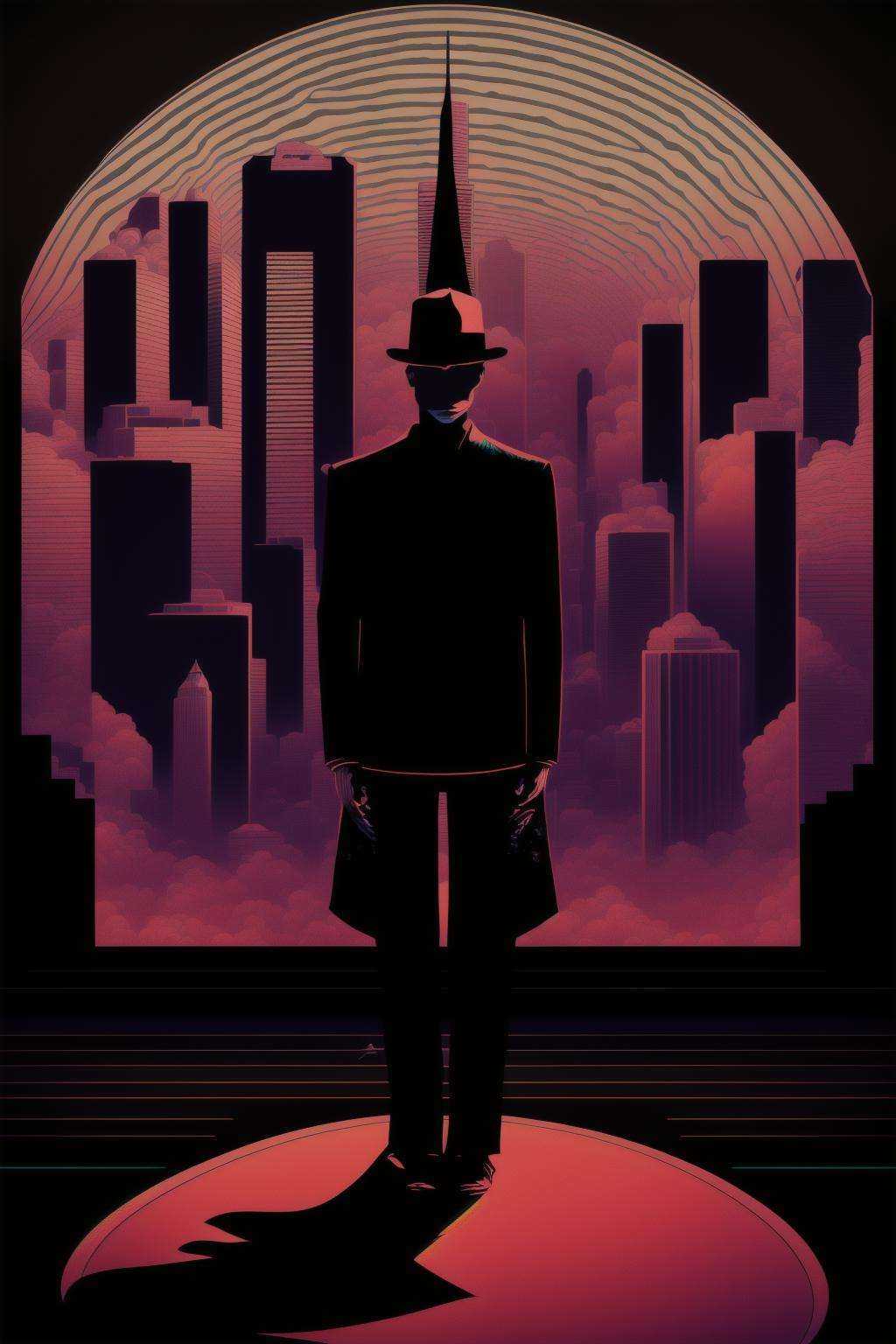 psychedelic_noir ,  a futuristic city with neon lights and a man standing on top of a building on Tensor.Art