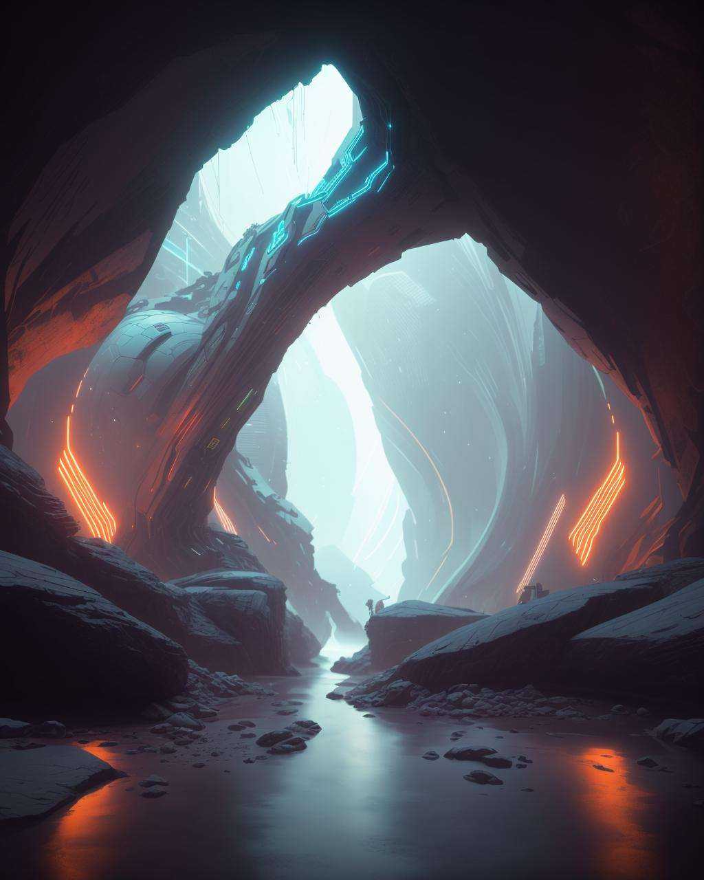 a man standing in a cave with a river running through it ,  futuristic,  8k on Tensor.Art
