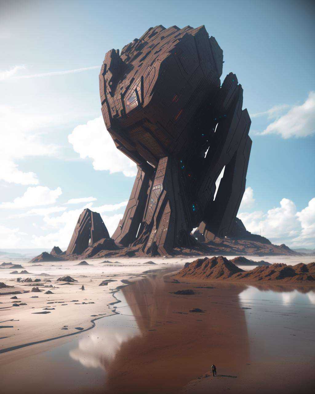 a large rock formation on a beach with a sky background ,  futuristic,  8k on Tensor.Art