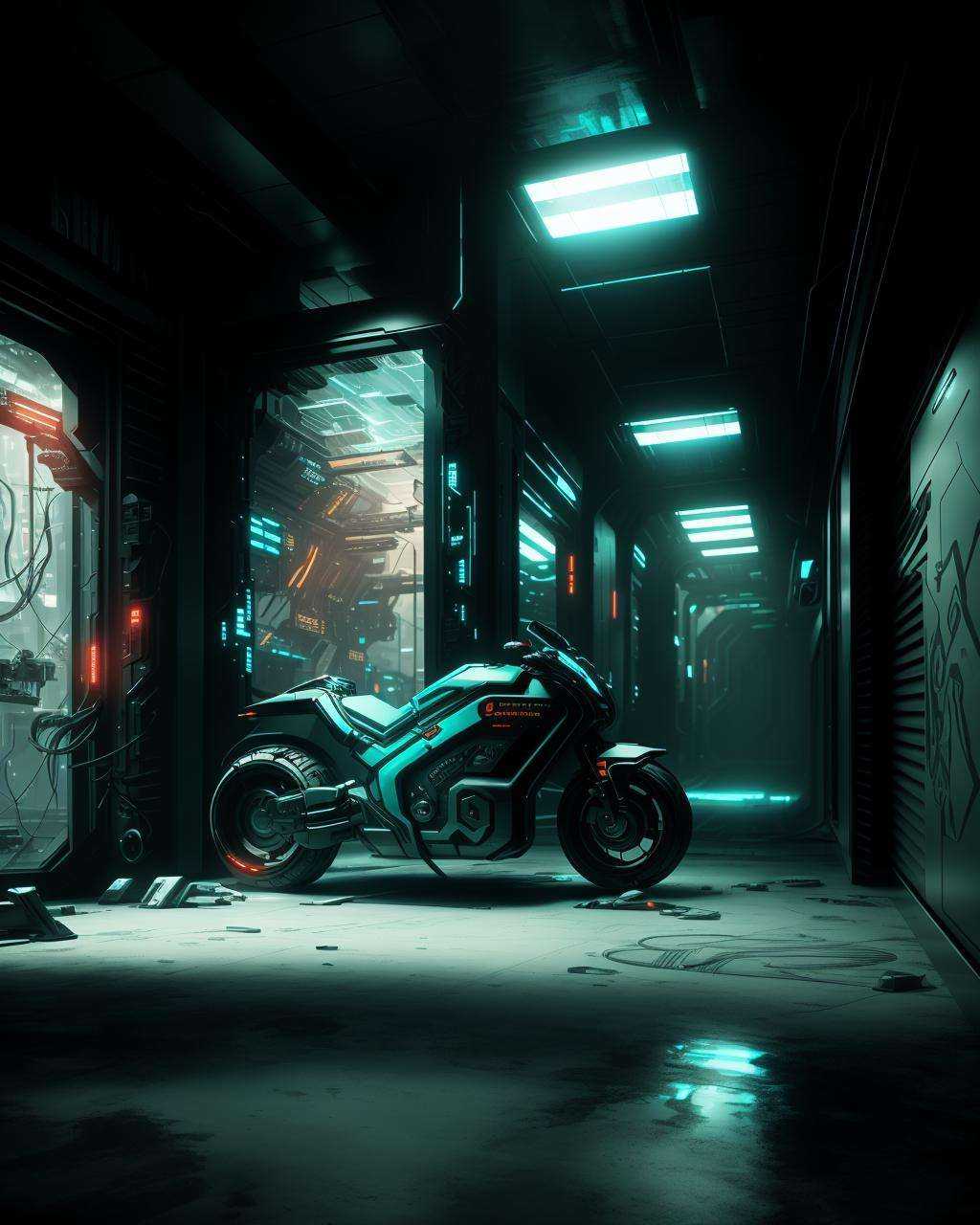 a dark room with graffiti on the walls and a motorcycle parked in the middle ,  futuristic,  8k on Tensor.Art