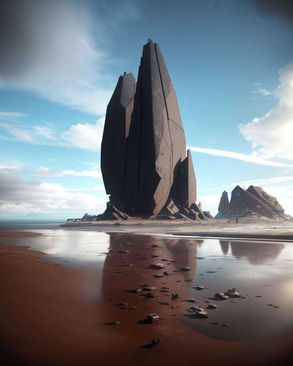 a large rock formation on a beach with a sky background ,  futuristic,  8k on Tensor.Art