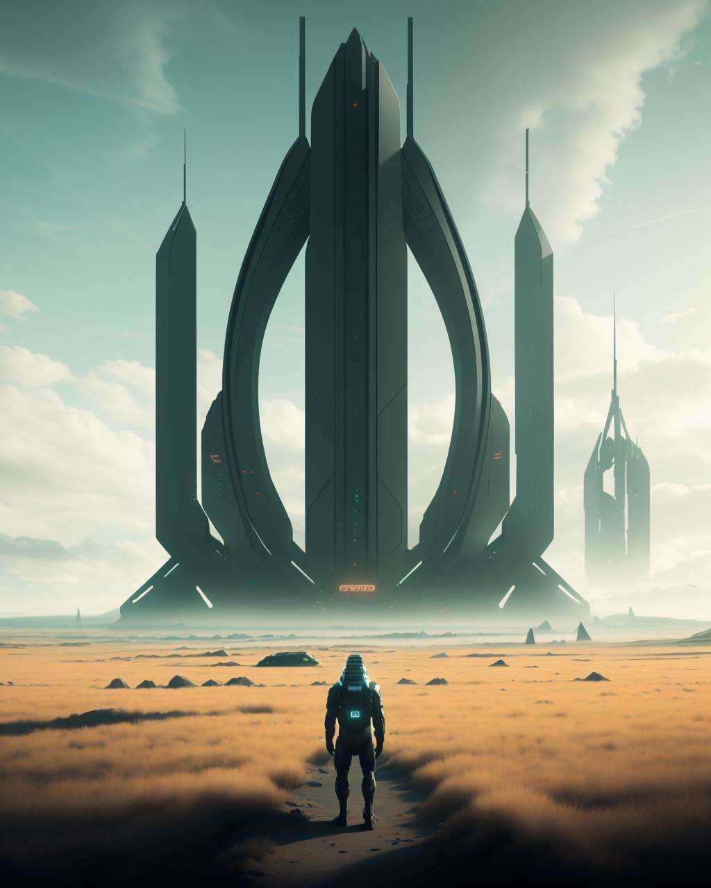 a man standing in a field with a spaceship in the background ,  futuristic,  8k on Tensor.Art
