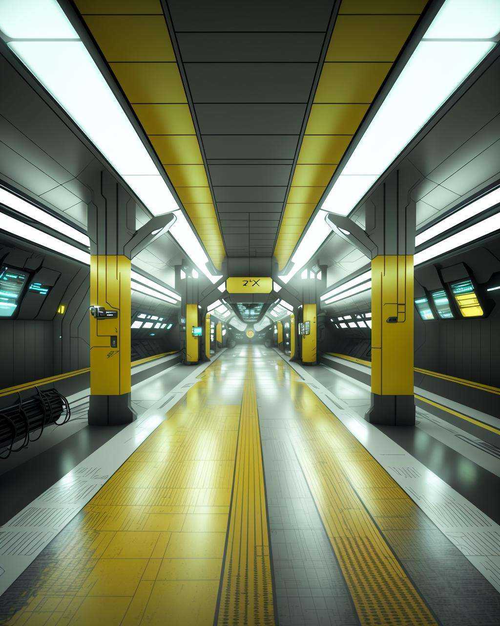 a subway station with a yellow and white line ,  futuristic,  8k on Tensor.Art